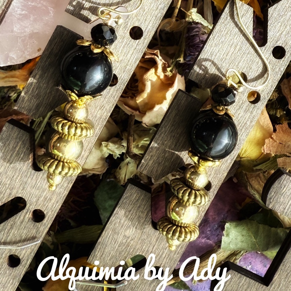 ROMANTIC + Elegant Black and Gold Earrings with onyx